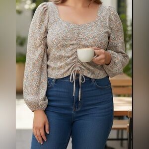 BLOUSE of H&M Tan and Brown Ruched Long Sleeve